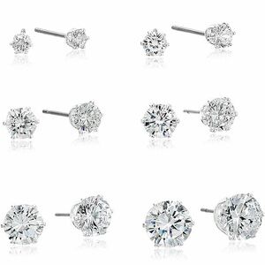 NWOT 6-Pair Silver Plated Crystal Stud Earrings Set • Sparkling Everyday Jewelry